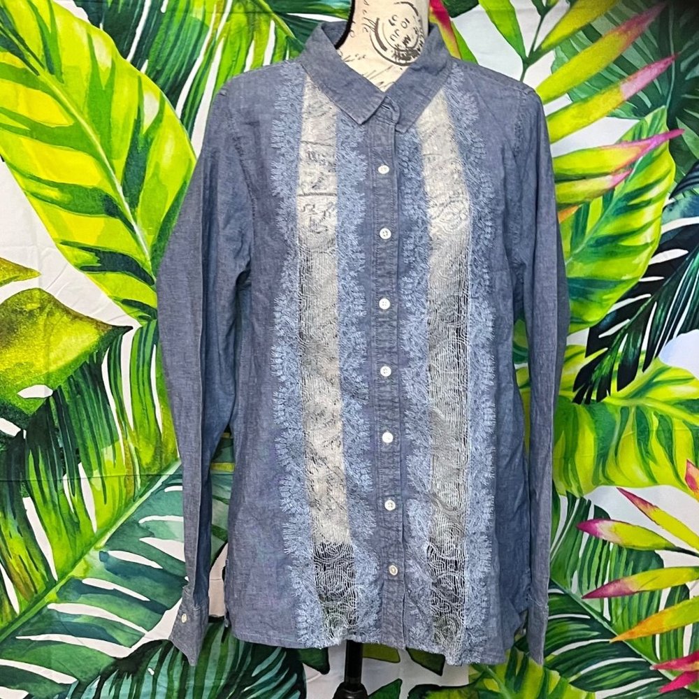 NWT $128 Guess XL Sheer Panel Amaia Chambray Lace Button Up Work Office Sexy Top